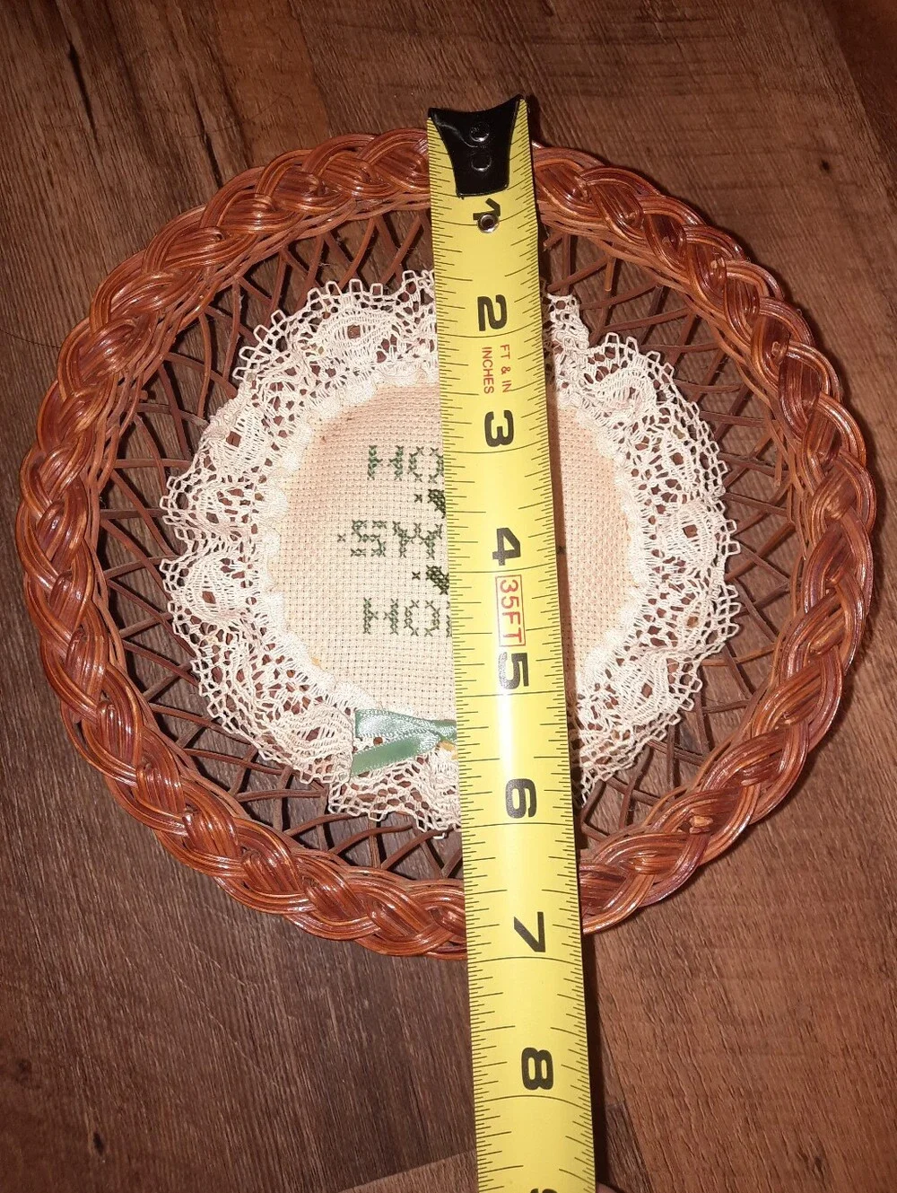 Woven Rattan Wall Basket with Lace Cross-Stitch 